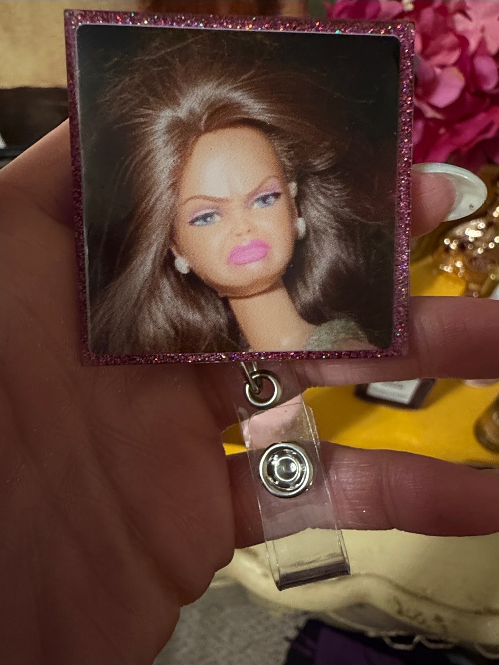Glitter Square Badge Reel with Pink Frame - Picture 3 of 3